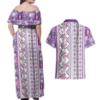 Hawaii Makahiki Turtle Couples Matching Off Shoulder Maxi Dress and Hawaiian Shirt Violet Tapa Pattern - Polynesian Pride