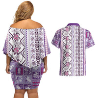 Hawaii Makahiki Turtle Couples Matching Off Shoulder Short Dress and Hawaiian Shirt Violet Tapa Pattern - Polynesian Pride