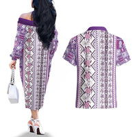 Hawaii Makahiki Turtle Couples Matching Off The Shoulder Long Sleeve Dress and Hawaiian Shirt Violet Tapa Pattern - Polynesian Pride