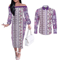 Hawaii Makahiki Turtle Couples Matching Off The Shoulder Long Sleeve Dress and Long Sleeve Button Shirt Violet Tapa Pattern - Polynesian Pride