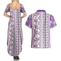 Hawaii Makahiki Turtle Couples Matching Summer Maxi Dress and Hawaiian Shirt Violet Tapa Pattern - Polynesian Pride