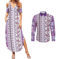 Hawaii Makahiki Turtle Couples Matching Summer Maxi Dress and Long Sleeve Button Shirt Violet Tapa Pattern - Polynesian Pride