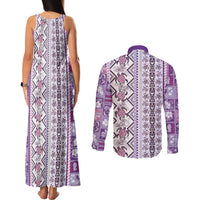 Hawaii Makahiki Turtle Couples Matching Tank Maxi Dress and Long Sleeve Button Shirt Violet Tapa Pattern - Polynesian Pride