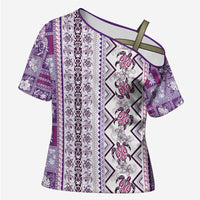 Hawaii Makahiki Turtle Cross Shoulder Shirt Violet Tapa Pattern - Polynesian Pride