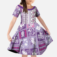 Hawaii Makahiki Turtle Family Matching Off The Shoulder Long Sleeve Dress and Hawaiian Shirt Violet Tapa Pattern - Polynesian Pride