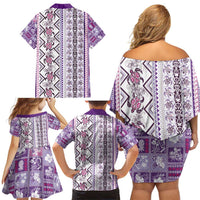 Hawaii Makahiki Turtle Family Matching Off Shoulder Short Dress and Hawaiian Shirt Violet Tapa Pattern - Polynesian Pride
