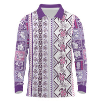 Hawaii Makahiki Turtle Long Sleeve Polo Shirt Violet Tapa Pattern - Polynesian Pride