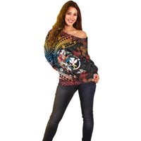 Hawaii And Japan Off Shoulder Sweater Koi Fish With Kanaka Maoli