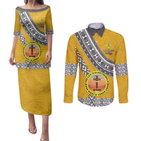 Personalised Anastasis College Couples Matching Puletasi and Long Sleeve Button Shirt Tonga Unique Style LT05 Yellow - Polynesian Pride