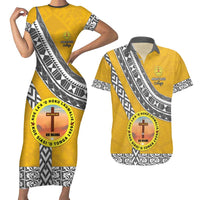 Personalised Anastasis College Couples Matching Short Sleeve Bodycon Dress and Hawaiian Shirt Tonga Unique Style LT05 Yellow - Polynesian Pride