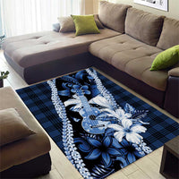 Hawaii Ukulele Area Rug Tropical Flowers With Palaka Effect Blue Version - Polynesian Pride