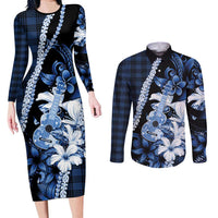 Hawaii Ukulele Couples Matching Long Sleeve Bodycon Dress and Long Sleeve Button Shirt Tropical Flowers With Palaka Effect Blue Version - Polynesian Pride