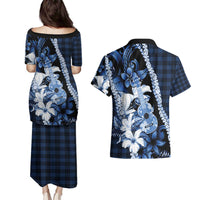 Hawaii Ukulele Couples Matching Puletasi and Hawaiian Shirt Tropical Flowers With Palaka Effect Blue Version - Polynesian Pride