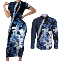 Hawaii Ukulele Couples Matching Short Sleeve Bodycon Dress and Long Sleeve Button Shirt Tropical Flowers With Palaka Effect Blue Version - Polynesian Pride