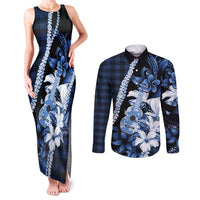 Hawaii Ukulele Couples Matching Tank Maxi Dress and Long Sleeve Button Shirt Tropical Flowers With Palaka Effect Blue Version - Polynesian Pride