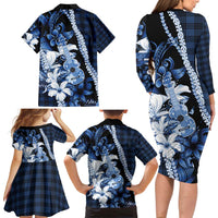 Hawaii Ukulele Family Matching Long Sleeve Bodycon Dress and Hawaiian Shirt Tropical Flowers With Palaka Effect Blue Version - Polynesian Pride