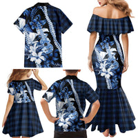 Hawaii Ukulele Family Matching Mermaid Dress and Hawaiian Shirt Tropical Flowers With Palaka Effect Blue Version LT05 - Polynesian Pride