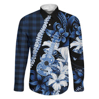 Hawaii Ukulele Family Matching Mermaid Dress and Hawaiian Shirt Tropical Flowers With Palaka Effect Blue Version LT05 Dad's Shirt - Long Sleeve Blue - Polynesian Pride