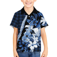 Hawaii Ukulele Family Matching Mermaid Dress and Hawaiian Shirt Tropical Flowers With Palaka Effect Blue Version LT05 Son's Shirt Blue - Polynesian Pride