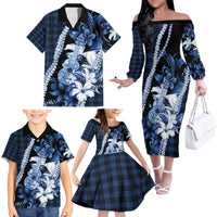 Hawaii Ukulele Family Matching Off The Shoulder Long Sleeve Dress and Hawaiian Shirt Tropical Flowers With Palaka Effect Blue Version - Polynesian Pride