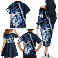 Hawaii Ukulele Family Matching Off The Shoulder Long Sleeve Dress and Hawaiian Shirt Tropical Flowers With Palaka Effect Blue Version - Polynesian Pride