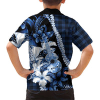 Hawaii Ukulele Family Matching Off Shoulder Maxi Dress and Hawaiian Shirt Tropical Flowers With Palaka Effect Blue Version LT05 - Polynesian Pride