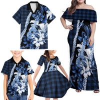 Hawaii Ukulele Family Matching Off Shoulder Maxi Dress and Hawaiian Shirt Tropical Flowers With Palaka Effect Blue Version LT05 - Polynesian Pride