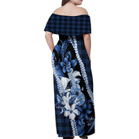 Hawaii Ukulele Family Matching Off Shoulder Maxi Dress and Hawaiian Shirt Tropical Flowers With Palaka Effect Blue Version - Polynesian Pride
