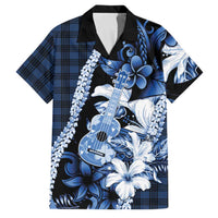 Hawaii Ukulele Family Matching Off Shoulder Short Dress and Hawaiian Shirt Tropical Flowers With Palaka Effect Blue Version LT05 Dad's Shirt - Short Sleeve Blue - Polynesian Pride