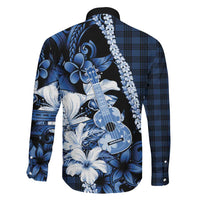 Hawaii Ukulele Family Matching Off Shoulder Short Dress and Hawaiian Shirt Tropical Flowers With Palaka Effect Blue Version LT05 - Polynesian Pride