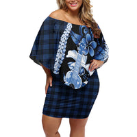 Hawaii Ukulele Family Matching Off Shoulder Short Dress and Hawaiian Shirt Tropical Flowers With Palaka Effect Blue Version LT05 Mom's Dress Blue - Polynesian Pride
