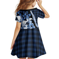 Hawaii Ukulele Family Matching Short Sleeve Bodycon Dress and Hawaiian Shirt Tropical Flowers With Palaka Effect Blue Version - Polynesian Pride