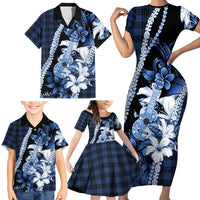 Hawaii Ukulele Family Matching Short Sleeve Bodycon Dress and Hawaiian Shirt Tropical Flowers With Palaka Effect Blue Version - Polynesian Pride