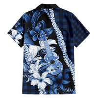 Hawaii Ukulele Family Matching Short Sleeve Bodycon Dress and Hawaiian Shirt Tropical Flowers With Palaka Effect Blue Version - Polynesian Pride