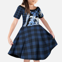 Hawaii Ukulele Family Matching Summer Maxi Dress and Hawaiian Shirt Tropical Flowers With Palaka Effect Blue Version LT05 Daughter's Dress Blue - Polynesian Pride