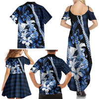 Hawaii Ukulele Family Matching Summer Maxi Dress and Hawaiian Shirt Tropical Flowers With Palaka Effect Blue Version - Polynesian Pride