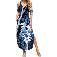 Hawaii Ukulele Family Matching Summer Maxi Dress and Hawaiian Shirt Tropical Flowers With Palaka Effect Blue Version LT05 Mom's Dress Blue - Polynesian Pride
