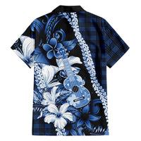 Hawaii Ukulele Family Matching Tank Maxi Dress and Hawaiian Shirt Tropical Flowers With Palaka Effect Blue Version LT05 - Polynesian Pride