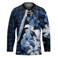 Hawaii Ukulele Hockey Jersey Tropical Flowers With Palaka Effect Blue Version - Polynesian Pride