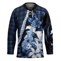 Hawaii Ukulele Hockey Jersey Tropical Flowers With Palaka Effect Blue Version - Polynesian Pride