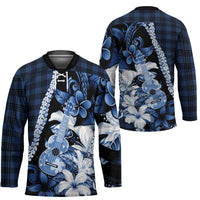 Hawaii Ukulele Hockey Jersey Tropical Flowers With Palaka Effect Blue Version - Polynesian Pride