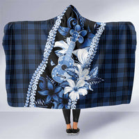 Hawaii Ukulele Hooded Blanket Tropical Flowers With Palaka Effect Blue Version - Polynesian Pride