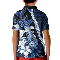 Hawaii Ukulele Kid Polo Shirt Tropical Flowers With Palaka Effect Blue Version - Polynesian Pride