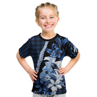 Hawaii Ukulele Kid T Shirt Tropical Flowers With Palaka Effect Blue Version - Polynesian Pride