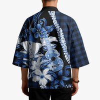 Hawaii Ukulele Kimono Tropical Flowers With Palaka Effect Blue Version - Polynesian Pride