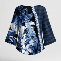 Hawaii Ukulele Kimono Sleeve Blouse Tropical Flowers With Palaka Effect Blue Version - Polynesian Pride
