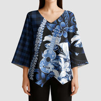 Hawaii Ukulele Kimono Sleeve Blouse Tropical Flowers With Palaka Effect Blue Version - Polynesian Pride