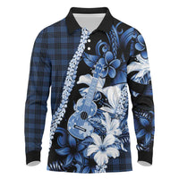 Hawaii Ukulele Long Sleeve Polo Shirt Tropical Flowers With Palaka Effect Blue Version - Polynesian Pride