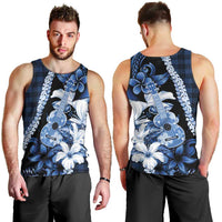 Hawaii Ukulele Men Tank Top Tropical Flowers With Palaka Effect Blue Version - Polynesian Pride