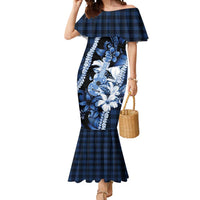 Hawaii Ukulele Mermaid Dress Tropical Flowers With Palaka Effect Blue Version - Polynesian Pride